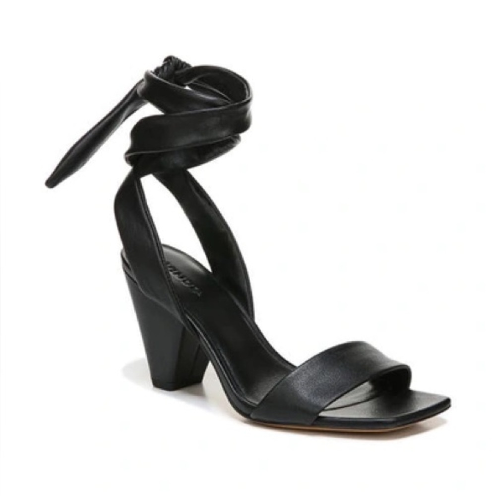 VINCE Anais Leather Ankle Tie Heeled Sandal Shoes Black 7.5